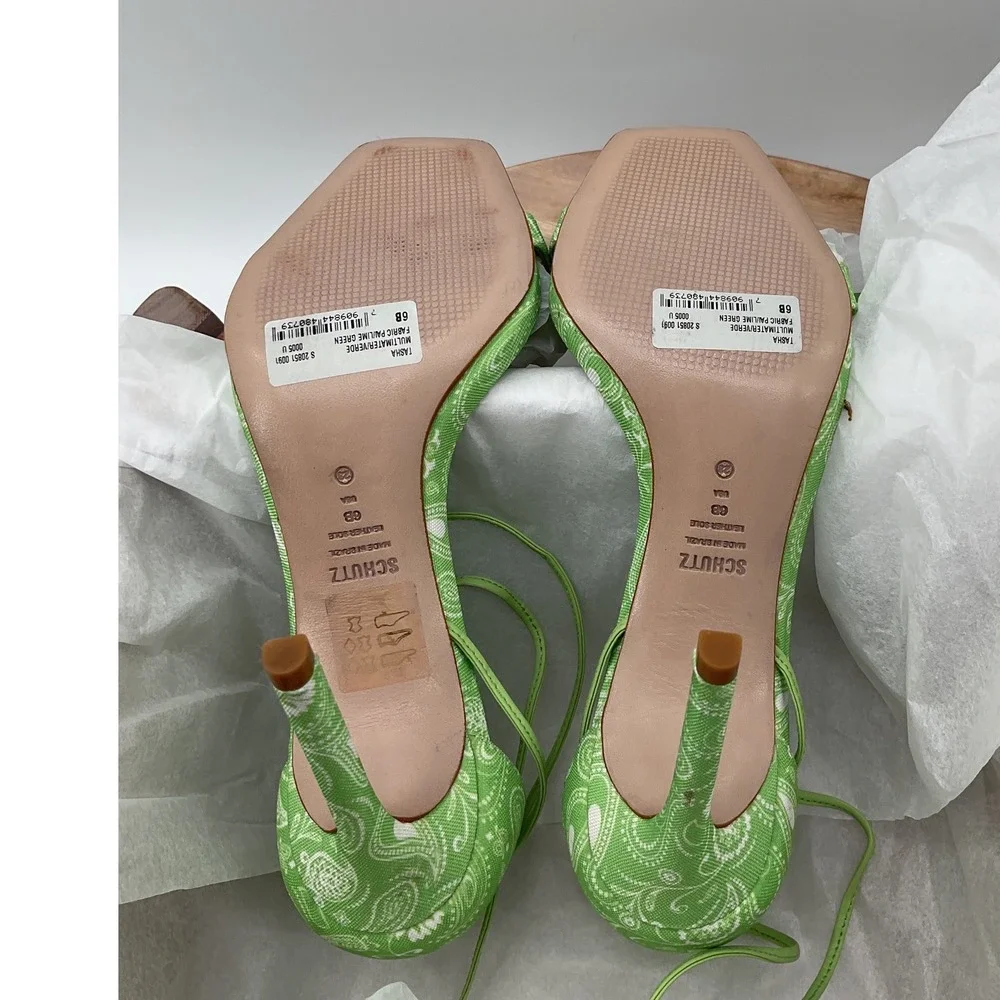 Schutz Green Paisley Beaded Ankle Wrap Stiletto Square Toe Sandals Women 6B